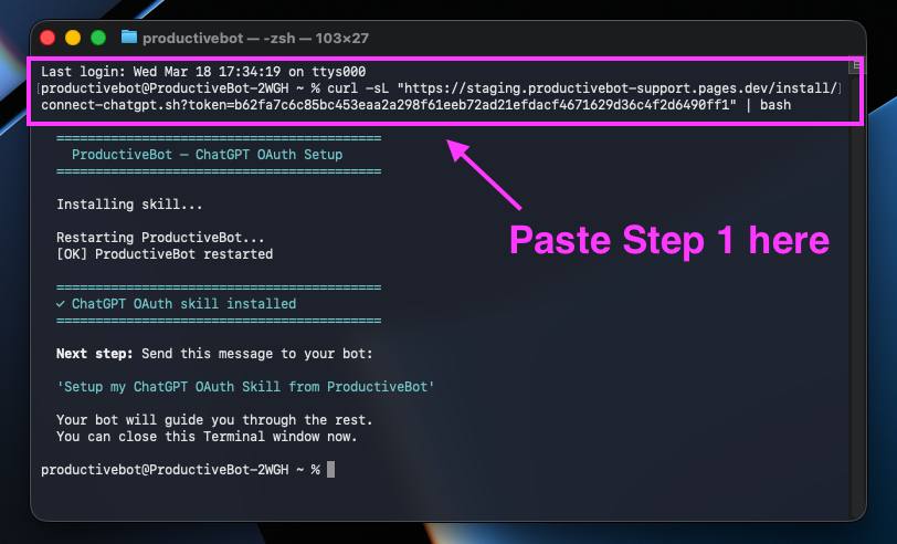 Terminal showing ChatGPT OAuth install